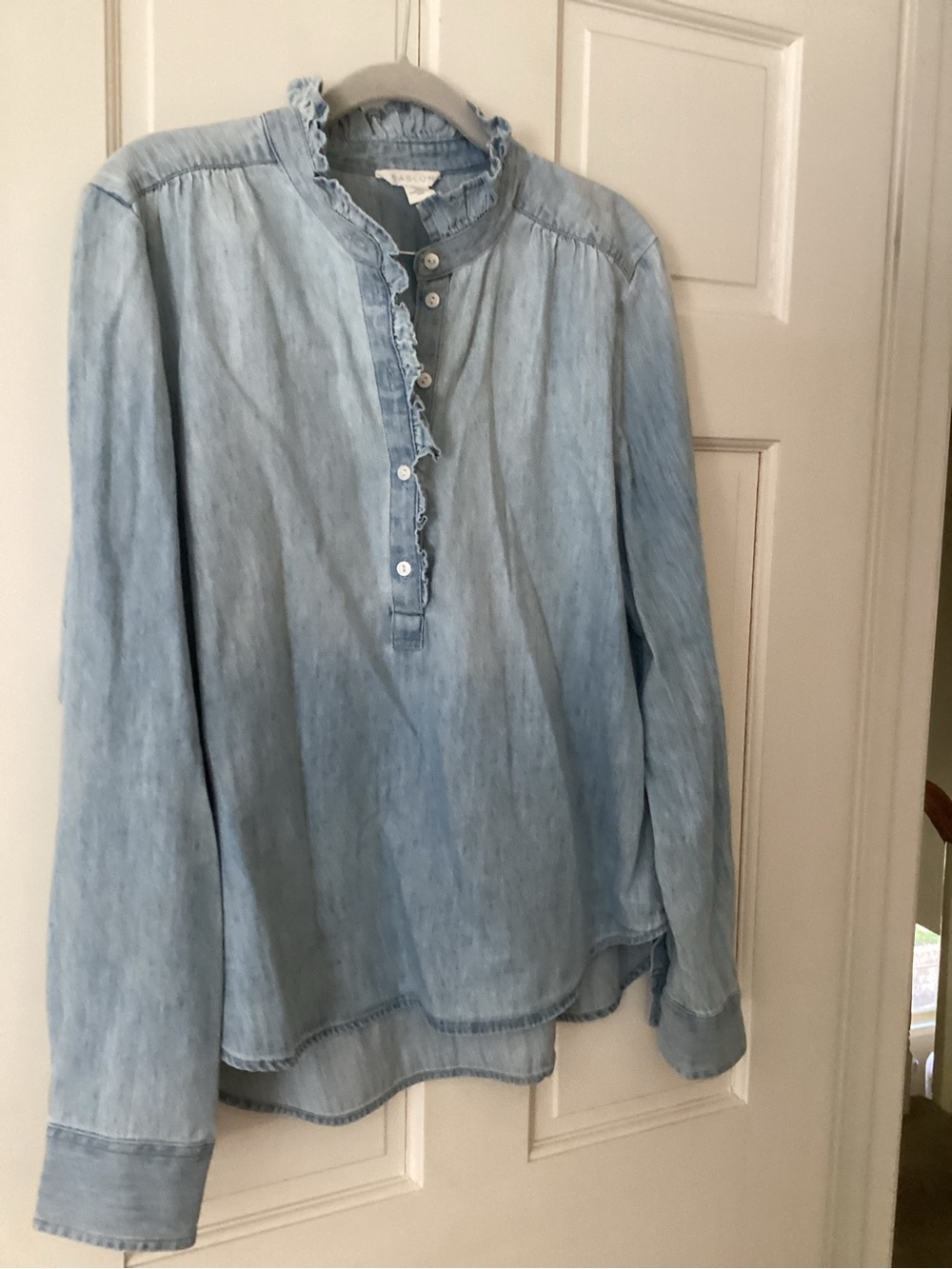 Caslon Light Denim Ruffle-Trim Henley Blouse